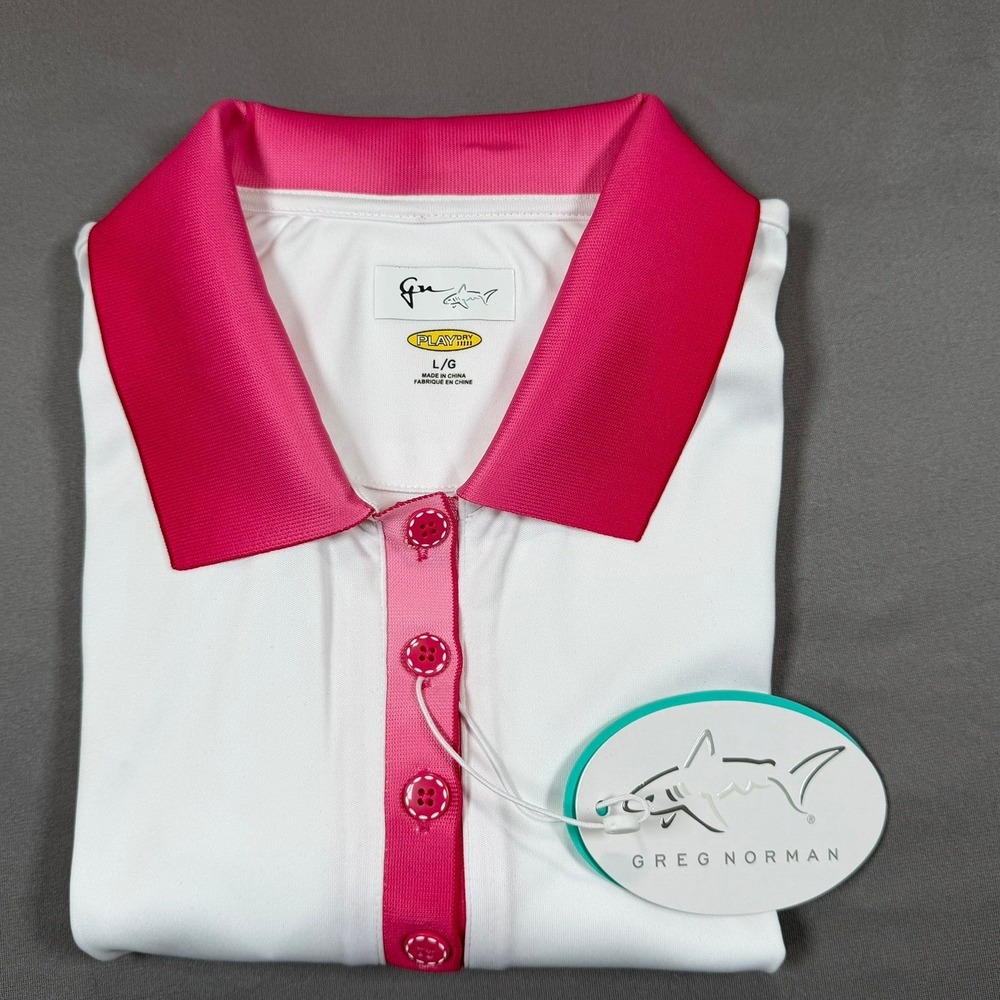 Greg Norman Play Dry Women L White Pink Accent Short Sleeve Golf Polo Activewear